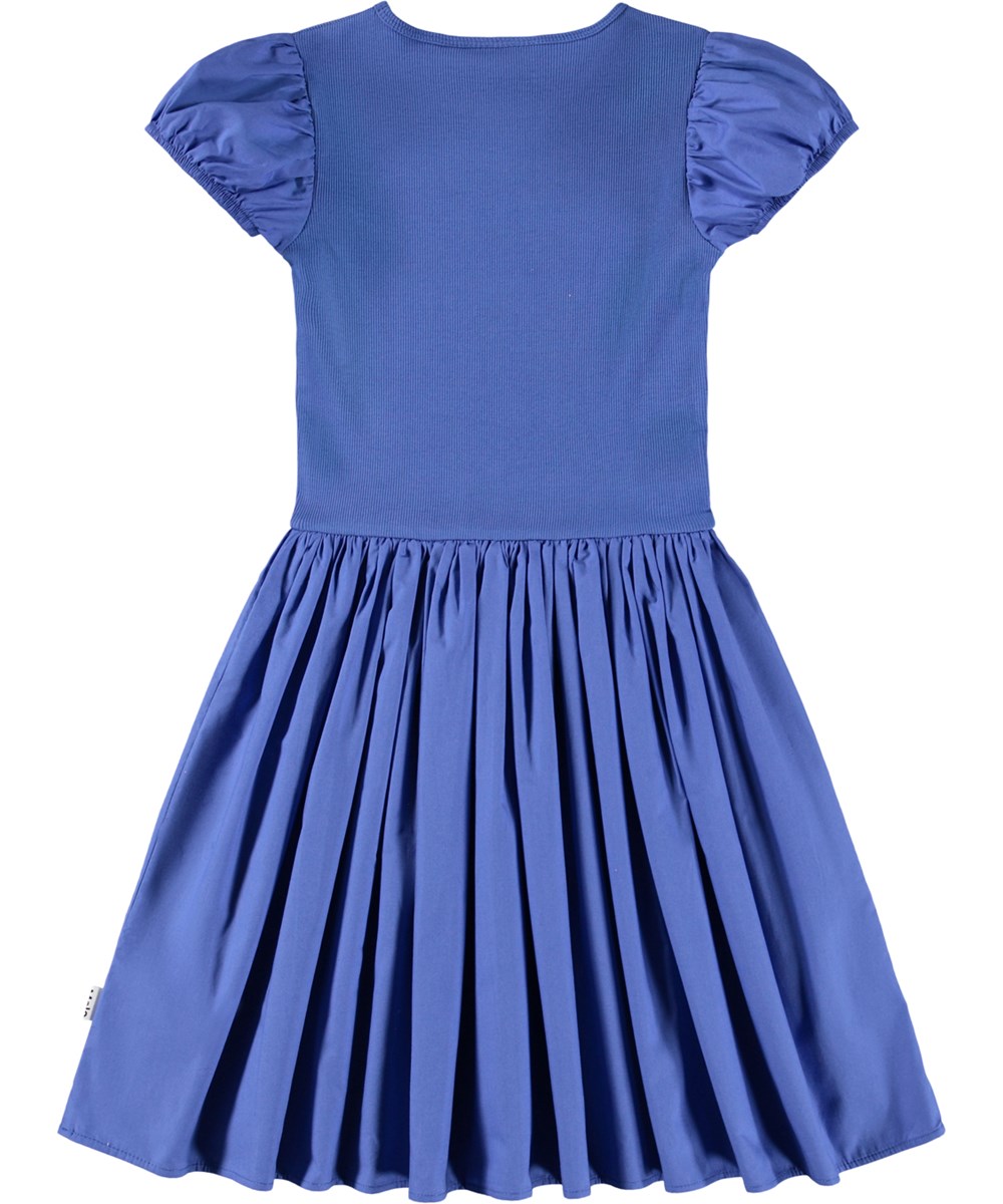 Cleopatra - Violet Blue - Blauwe kinderjurk met korte mouwen gemaakt van biologisch katoen met een aansluitende jersey top en een volumineuze rok in katoenen popeline.