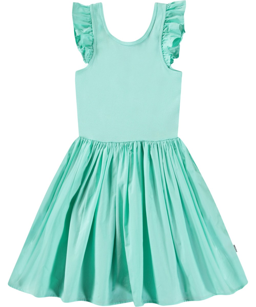 Cloudia - Ocean Wave - Mintgroene knielange kinderjurk van biologisch katoen met poplin rok.