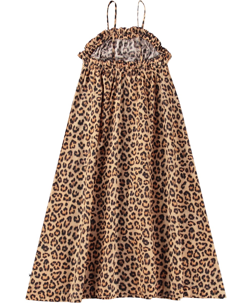 Connie - Allover Leo - Ruimvallende kinderjurk met cheetaprint van biologisch katoen met dunne bandjes en ruche rand.