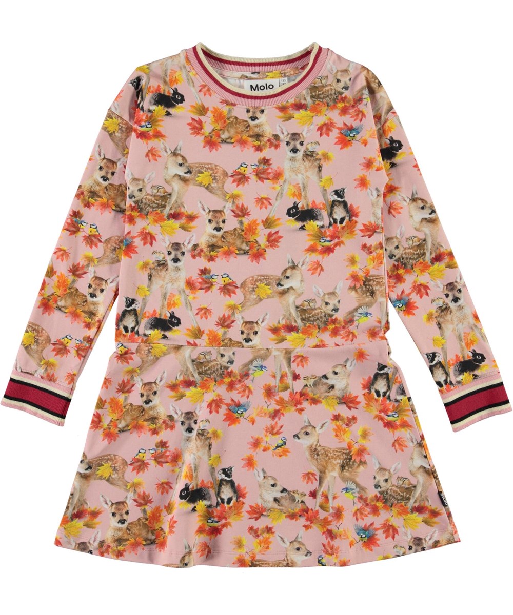 Conny - Autumn Fawns - Roze biologische jurk met hertjes