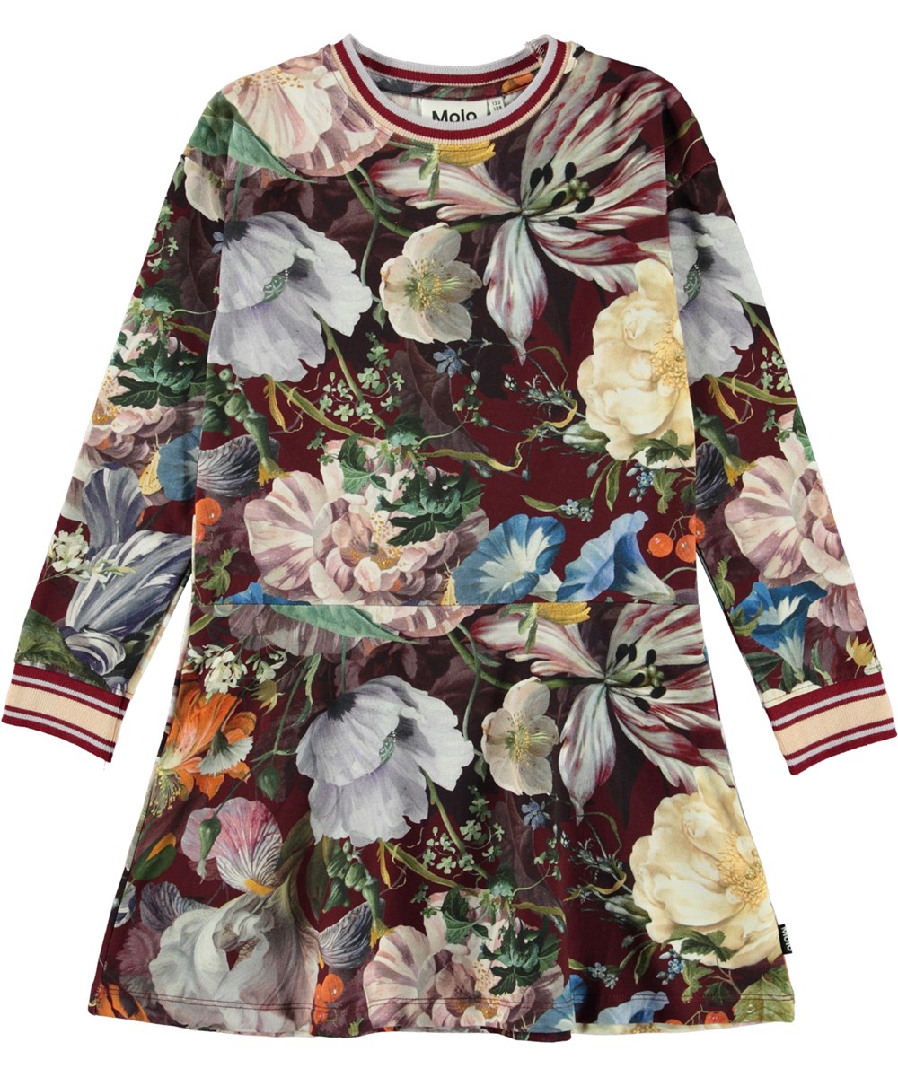 Conny - Botanical Canvas - Donkerpaarse biologische jurk met bloemenprint