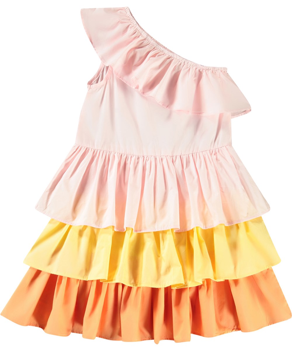 Cora - Charlotte Pink - Roze, oranje en gele asymmetrische kinderjurk van biologisch katoen met elastiek en ruches op de schouder.