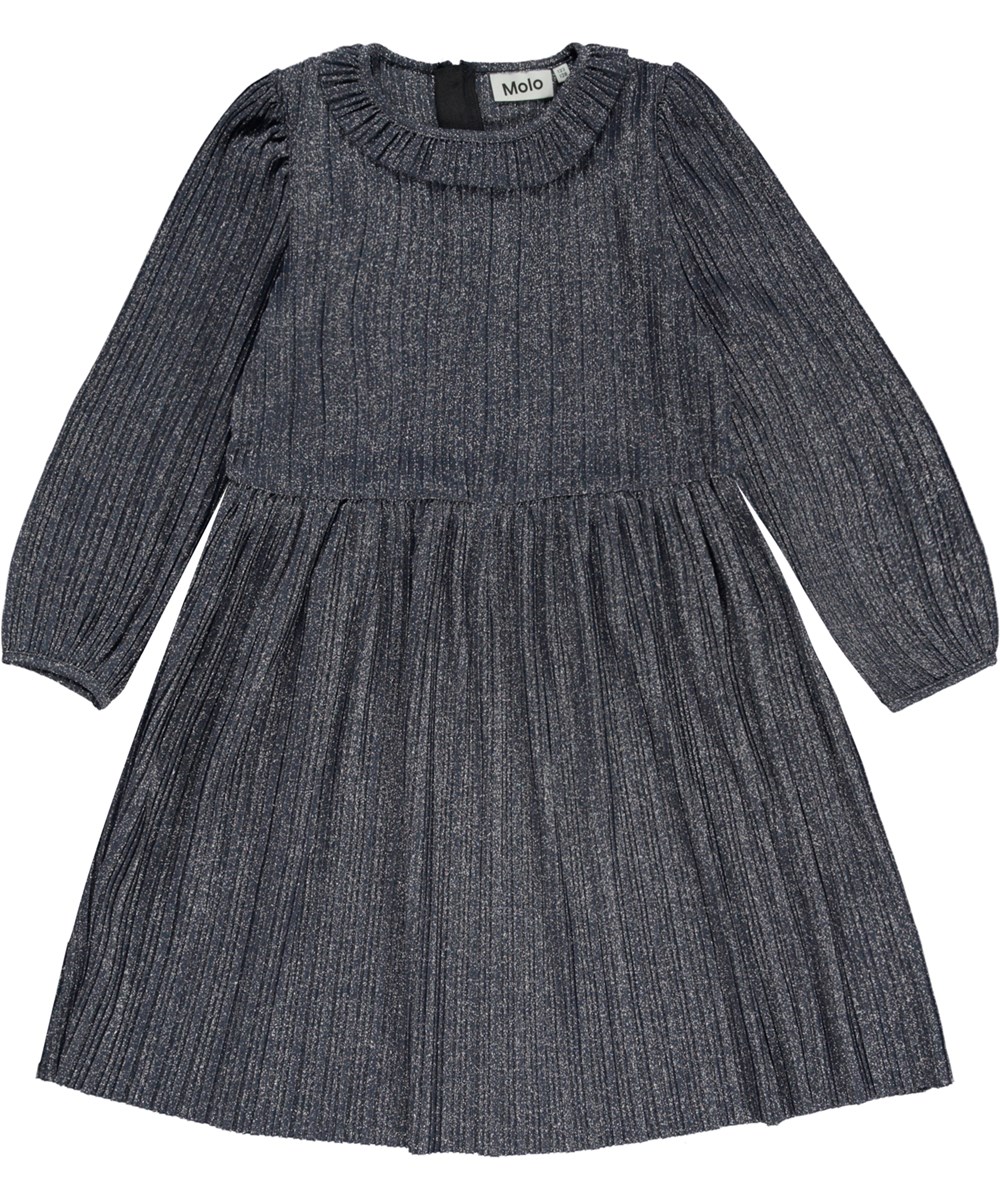 Coralia - Navy Sky - Donkerblauwe knielange jurk met plooien en  glitter