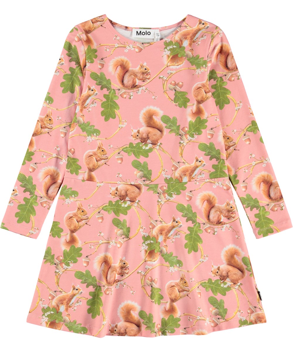 Corelie - Squirrel Forest - Bruine kinderjurk gemaakt van rekbare biologische katoen met lange mouwen en een print van schattige dieren.