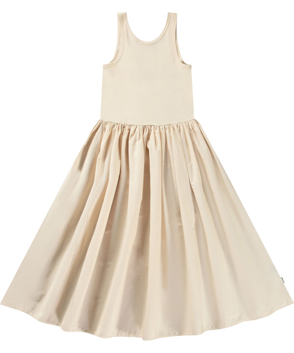 Corella - Brazilian Sand - Beige kinderjurk van biologisch katoen met een volumineuze poplin rok.