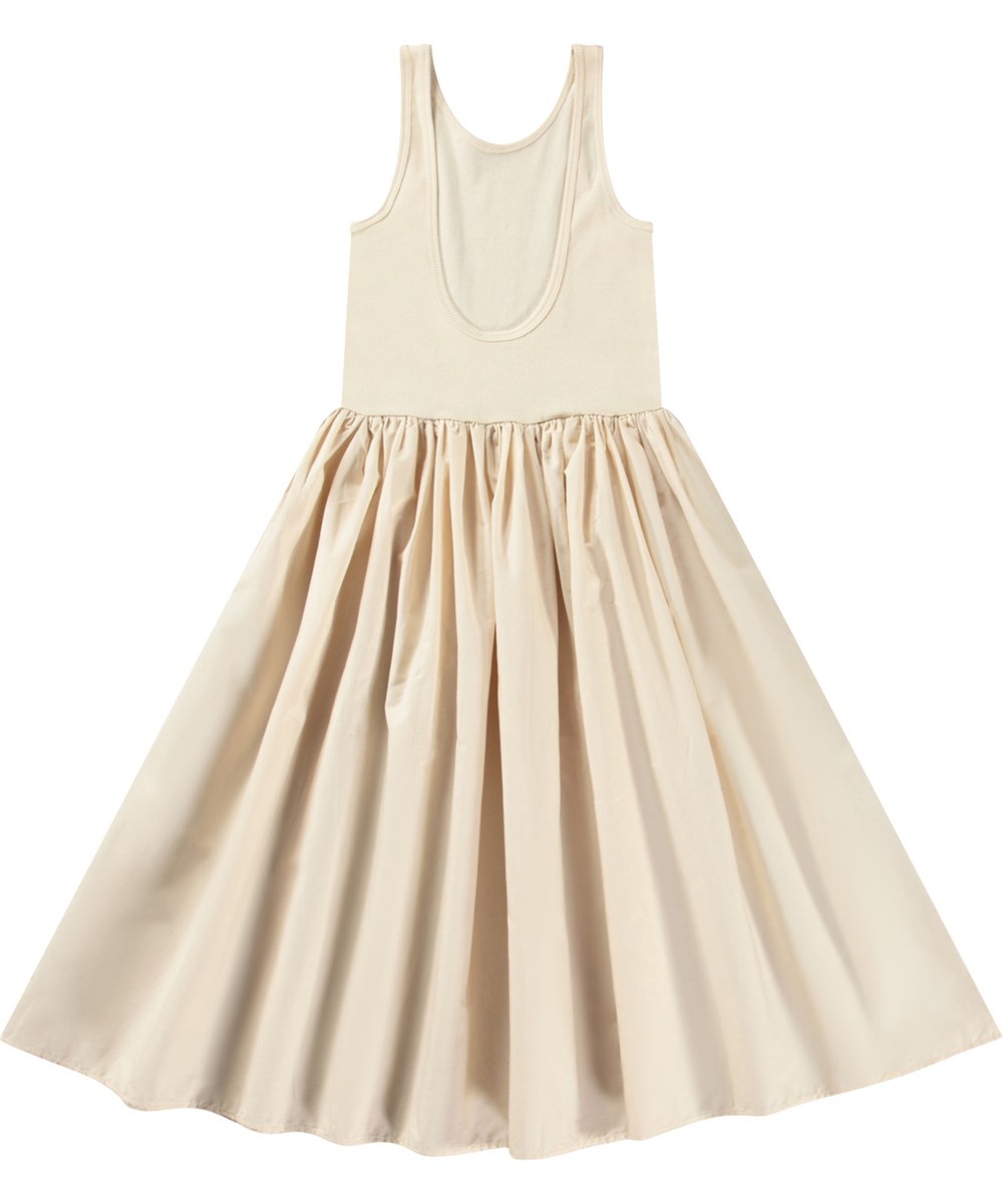 Corella - Brazilian Sand - Beige kinderjurk van biologisch katoen met een volumineuze poplin rok.