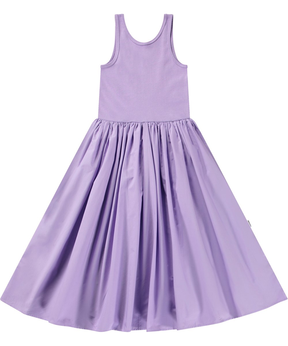 Corella - Violaceous - Paarse kinderjurk van biologisch katoen met een volumineuze poplin rok.