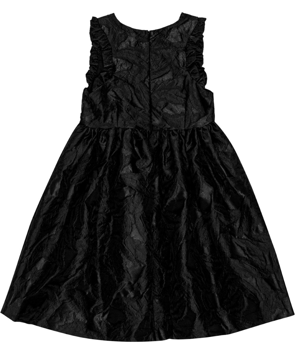 Cortney - Black - Verfijnde zwarte knielange jurk met een delicate ruchesrand in een stof met ingeweven dessins.