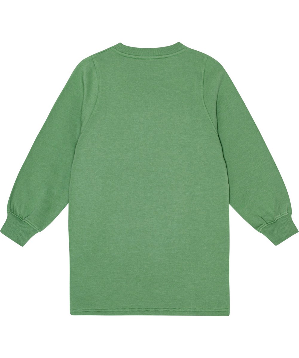 Corvina - Jadesheen - Zachte olijfgroene jersey jurk met sprankelende zwarte print van een lachend gezicht.