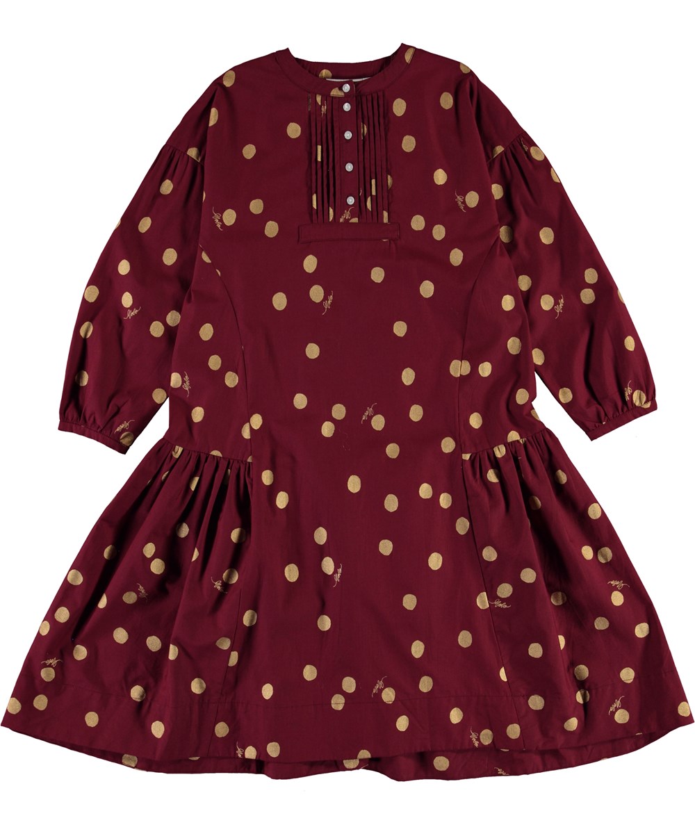 Cosimo - Gold Dots - Bordeaux rode biologische jurk met gouden …