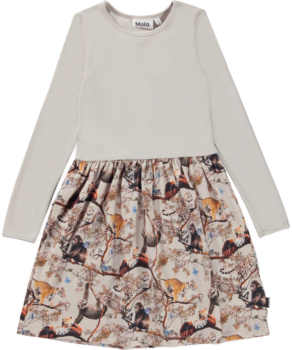 Credence - Cubs Harmony - Biologische grijze jersey jurk met jonge dierenprint