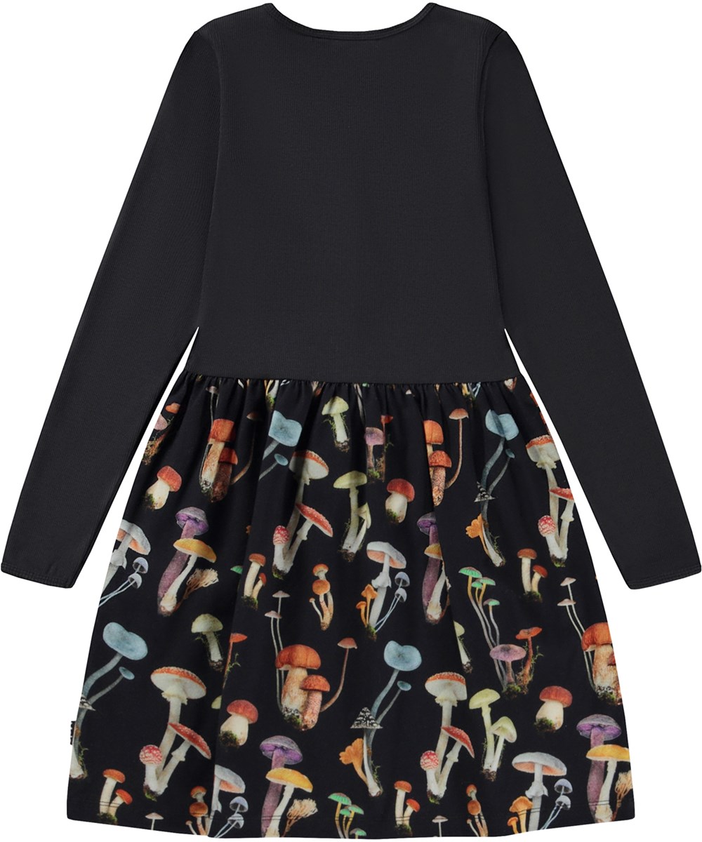 Credence - Fantastic Fungi - Zwarte knielange biologische jurk met een paddenstoelen print op de rok