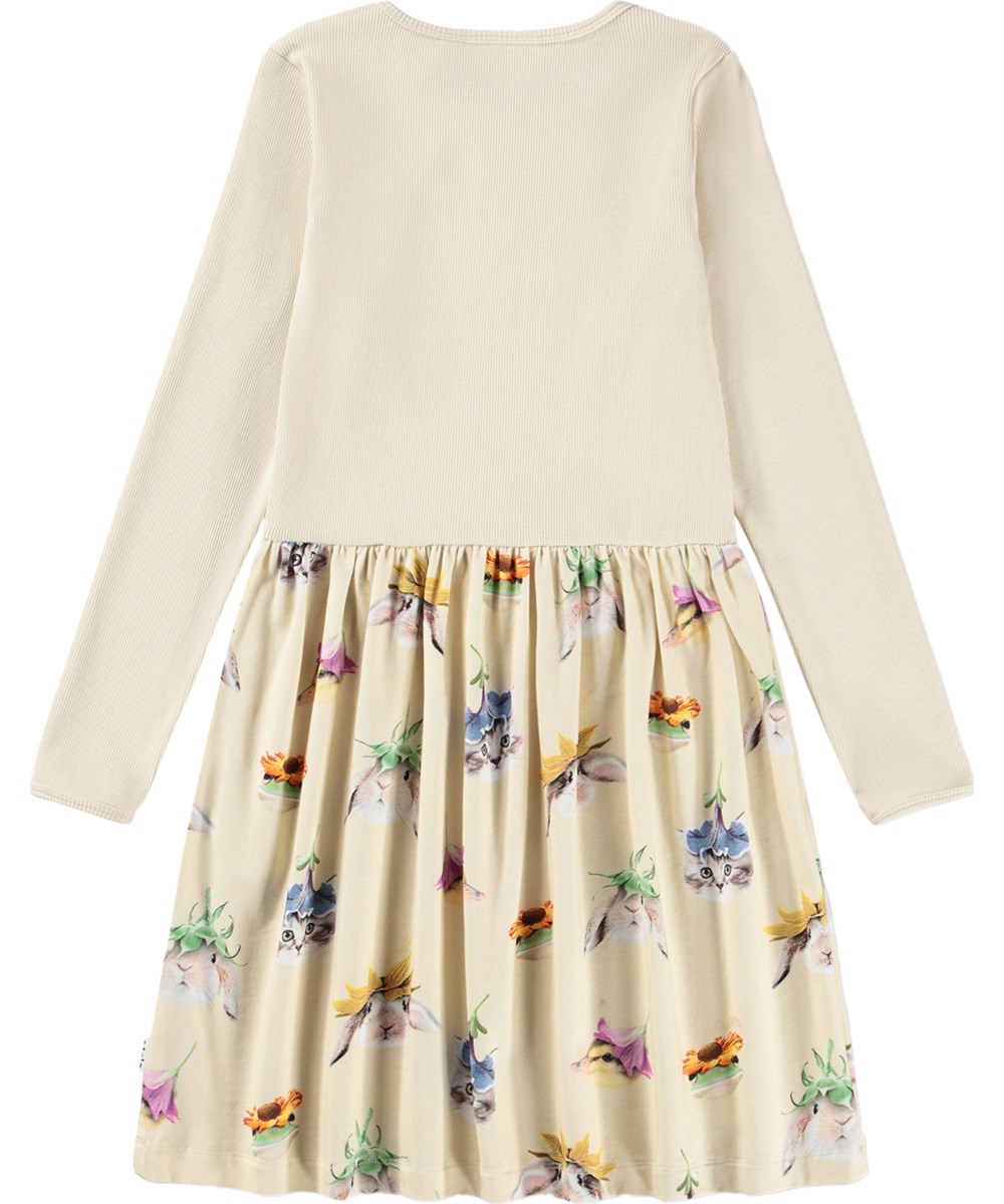 Credence - Floral Fun - Gebroken witte kinderjurk met een dierenprint gemaakt van biologisch katoen 