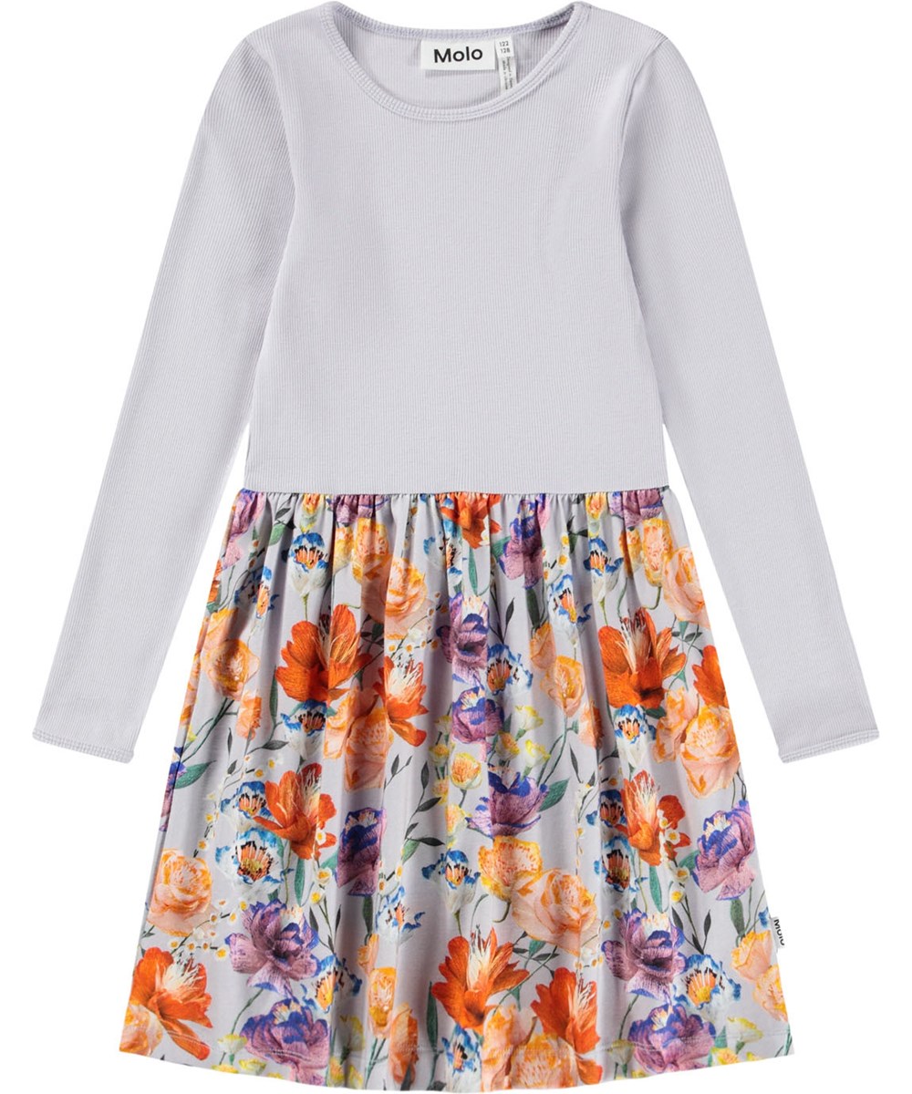 Credence - Paper Flowers - Lichtpaarse kinderjurk van biologisch katoen met lang mouwen, een aansluitend bovenstuk van geribbeld jersey en een gladde jersey rok.