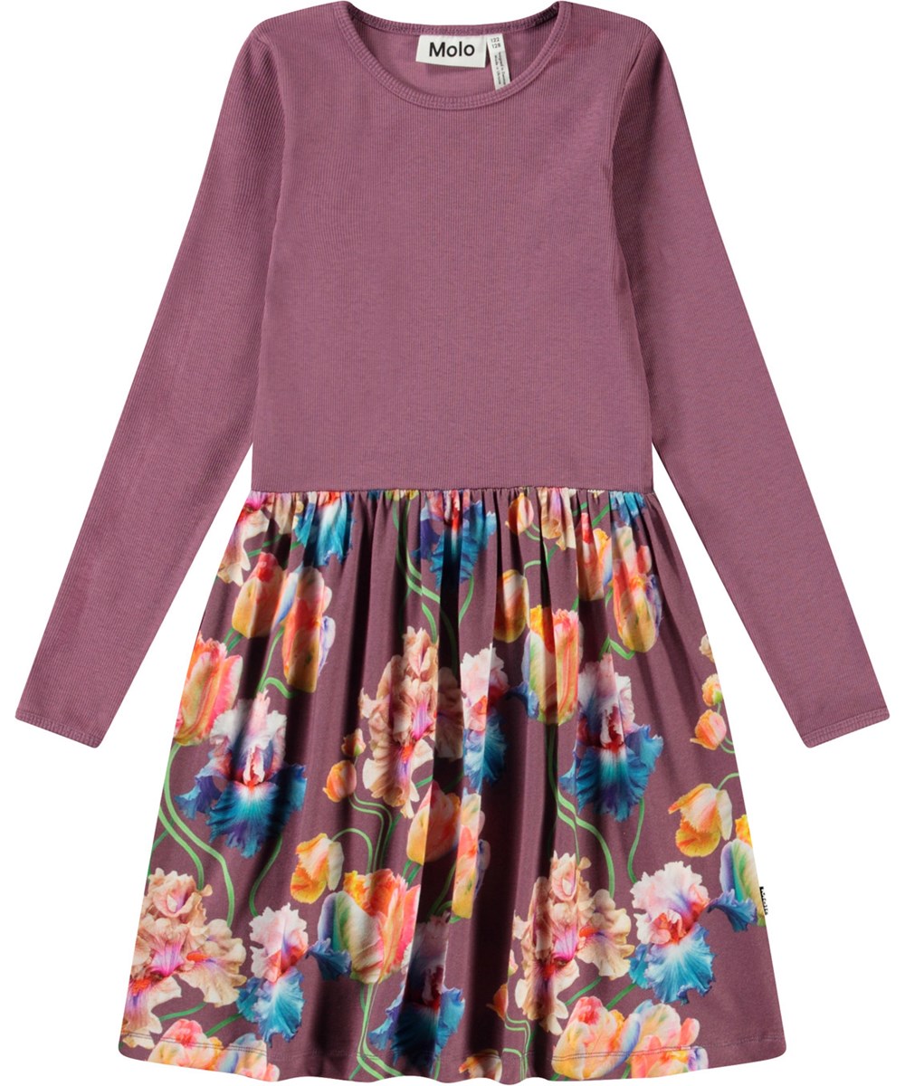 Credence - Rainbow Tulips - Paarse kinderjurk van biologisch katoen met lange mouwen en een aan sluitende top van ribjersey en een gladde jeresey rok.