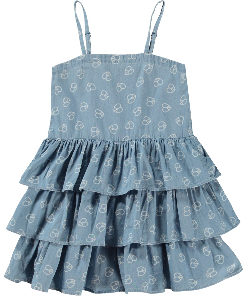 Crystal - Love Peace Blue - Blauwe biologische druk met schouderbandjes en peace hartjes