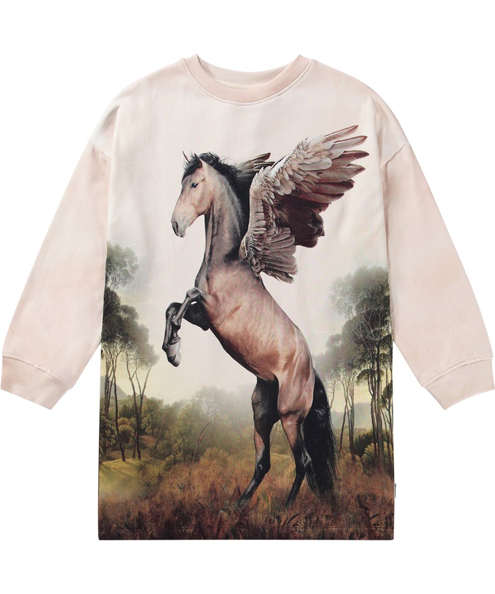 Cyrella - Pegasus - Knielange zalmroze jersey jurk van zacht biologisch katoen met pegasus print.
