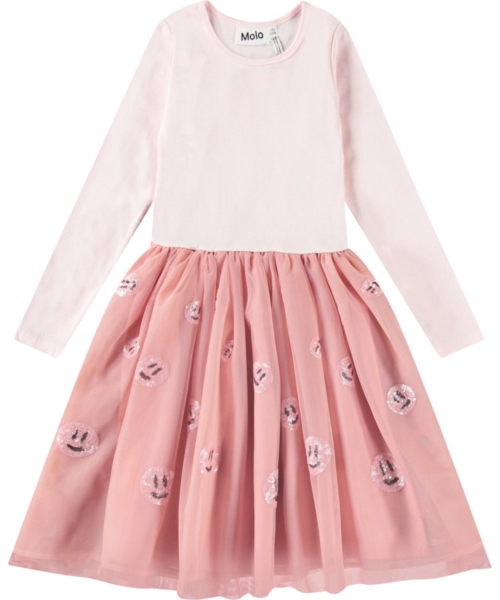 Cyrus - Charlotte Pink - Roze kinderjurk met lange mouwen en roze tule rok met smiley's van pailletten.