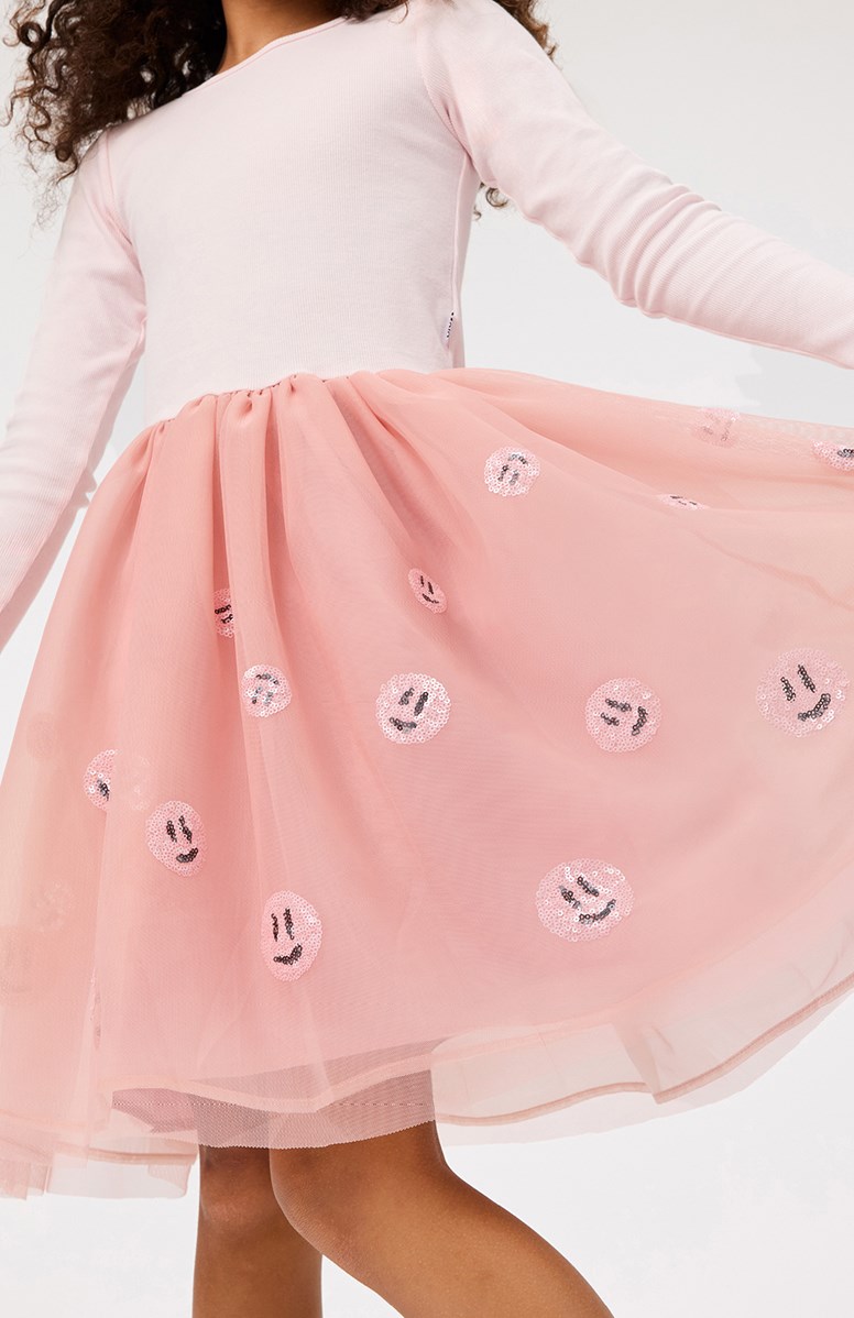Cyrus - Charlotte Pink - Roze kinderjurk met lange mouwen en roze tule rok met smiley's van pailletten.