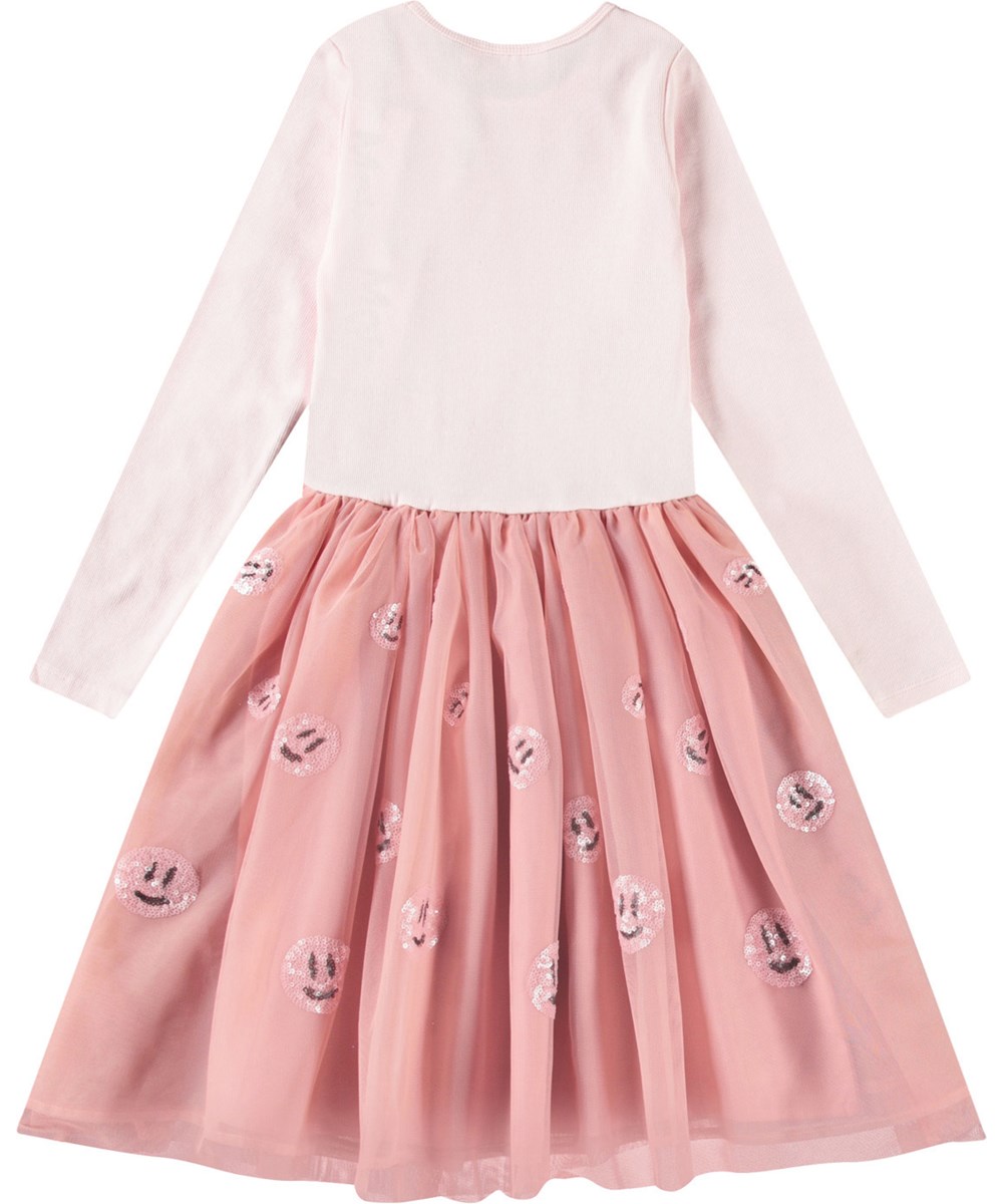 Cyrus - Charlotte Pink - Roze kinderjurk met lange mouwen en roze tule rok met smiley's van pailletten.