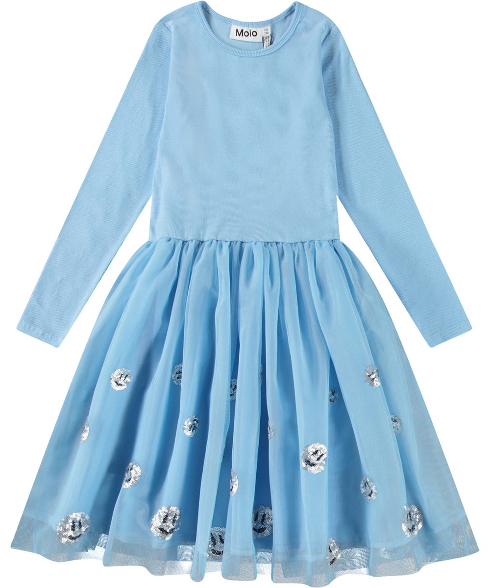 Cyrus - Day Sky - Lichtblauwe kinderjurk met lange mouwen en lichtblauwe tule rok met smiley's van pailletten.