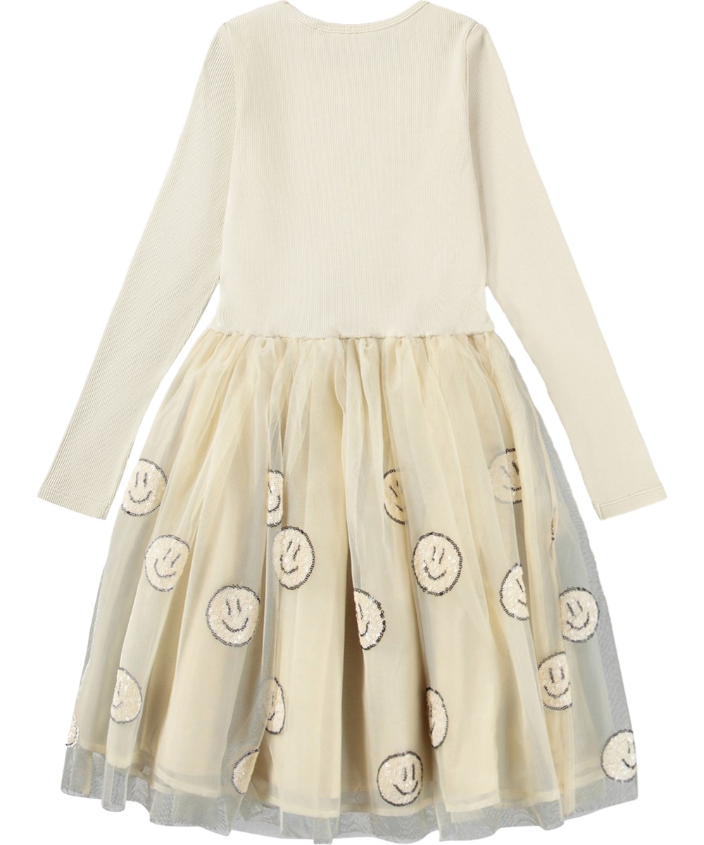 Cyrus - Summer Sand - Gebroken witte kinderjurk met lange mouwen en een tule rok met vrolijke paillettenbloemen