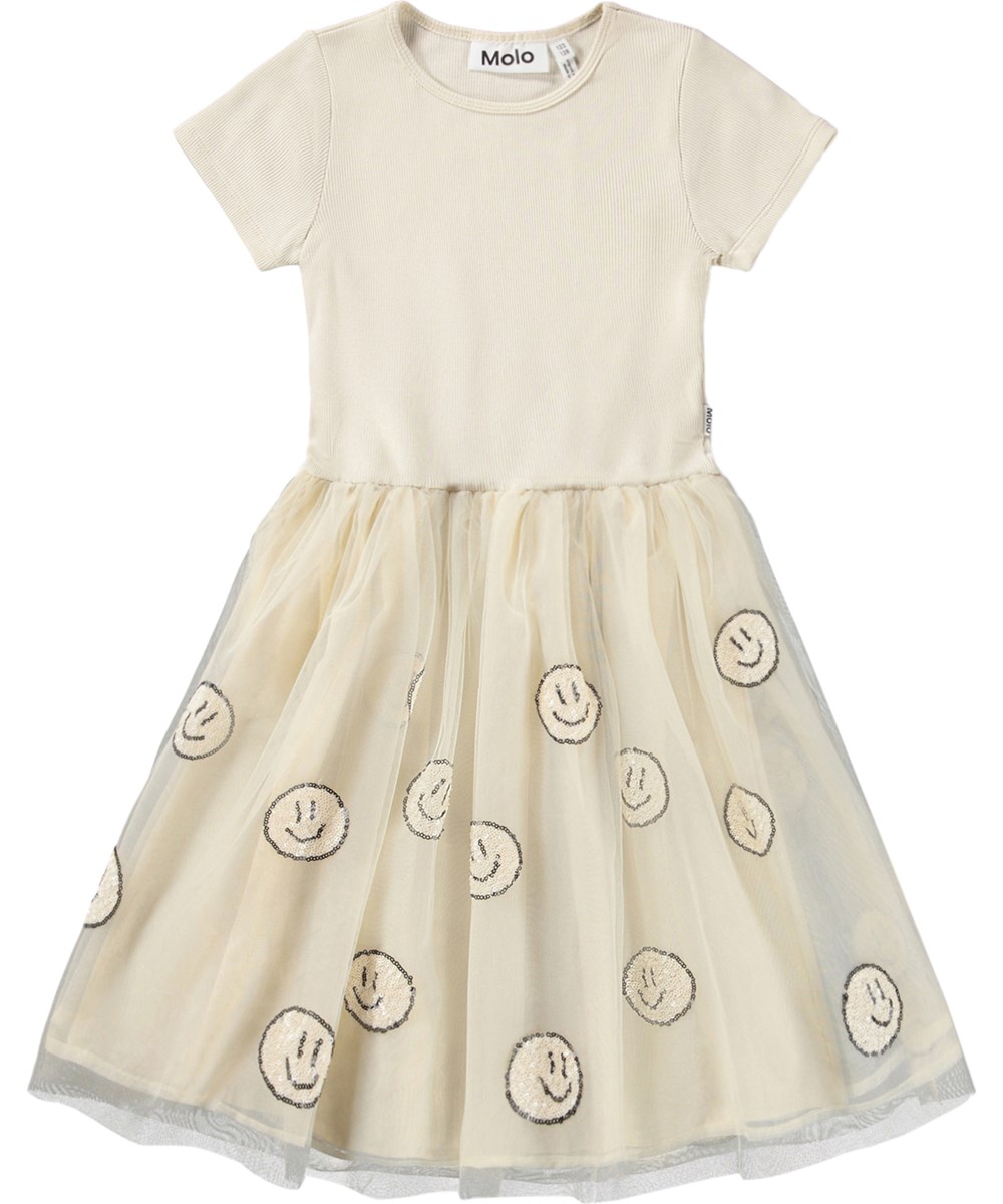 Cyrusila - Summer Sand - Gebroken witte kinderjurk met korte mouwen en een tule rok met vrolijke pailletten gezichten