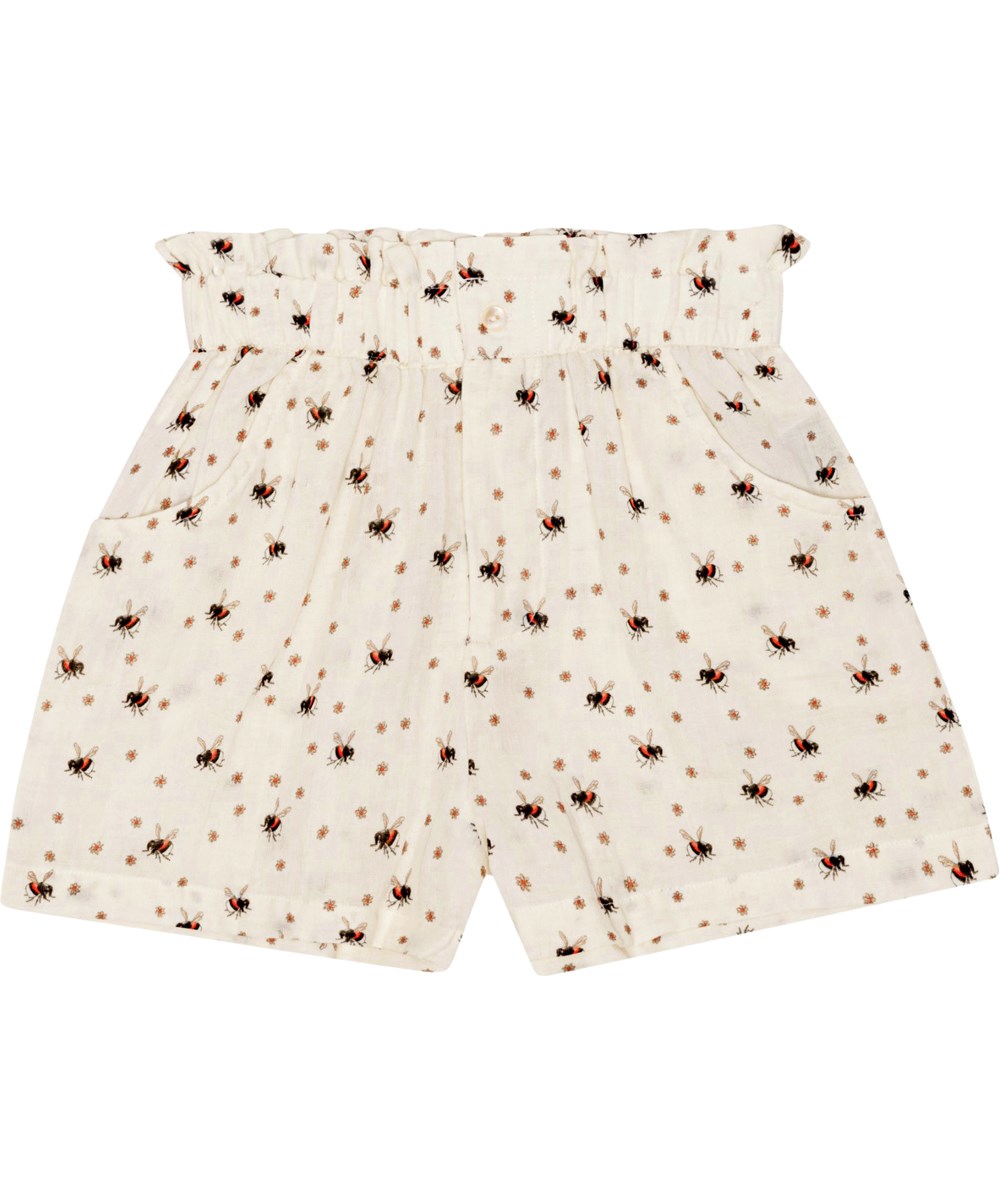 Adara - Bumblebee - Gebroken witte linnen korte broek van biologisch katoen met hommelprint