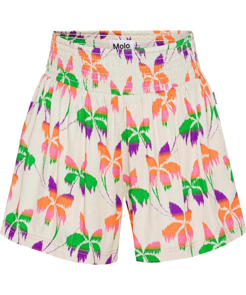 Alanis - Floral Palms - Lichte kakigroene korte broek met kleurrijke palmbomenprint