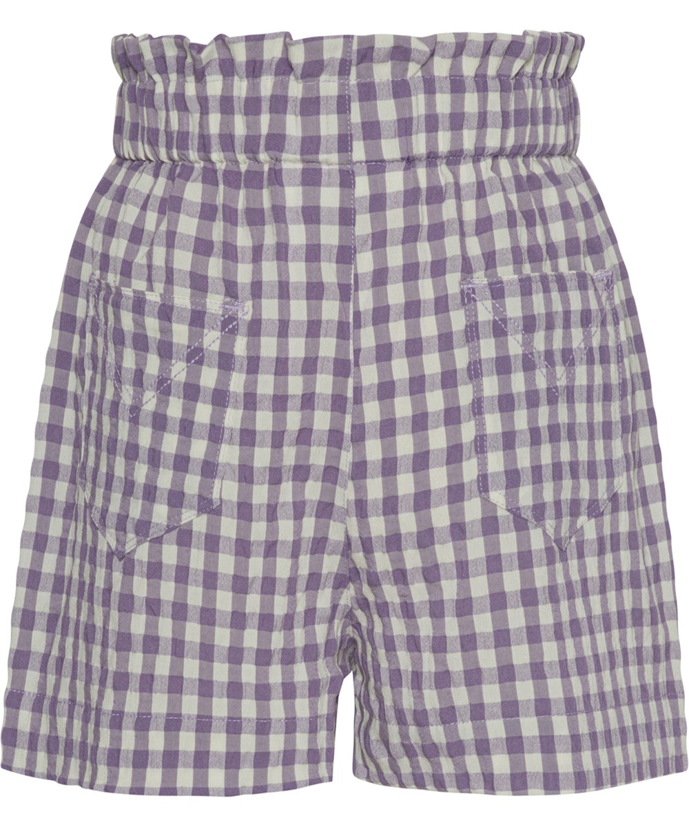 Allie - Purple Picnic - Korte broek met hoge taille in wit en paars geruit
