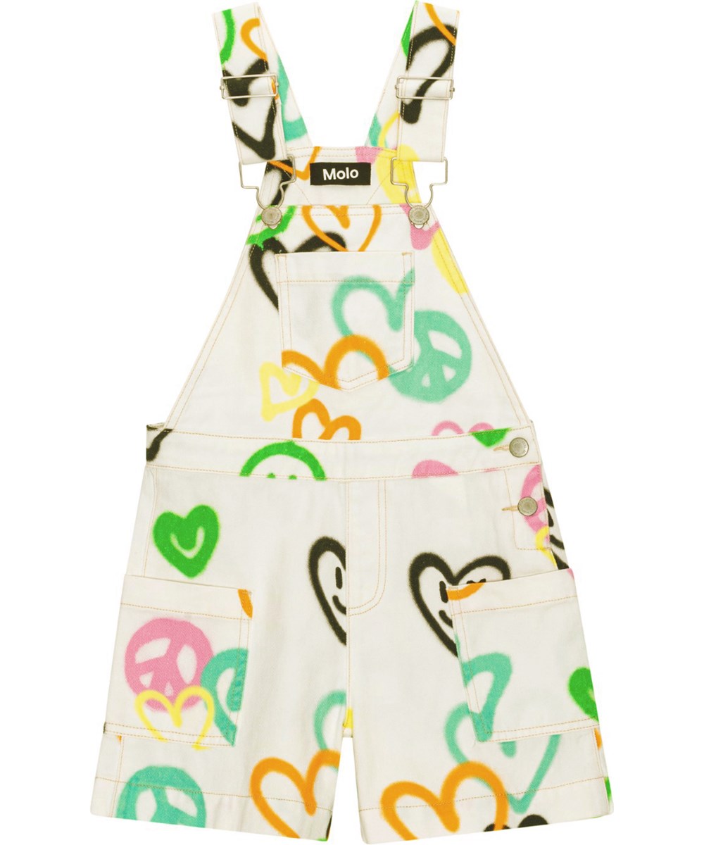 Amba - Heart Colours - Witte korte spijkertuinbroek met een graffitiprint van kleurrijke hartjes