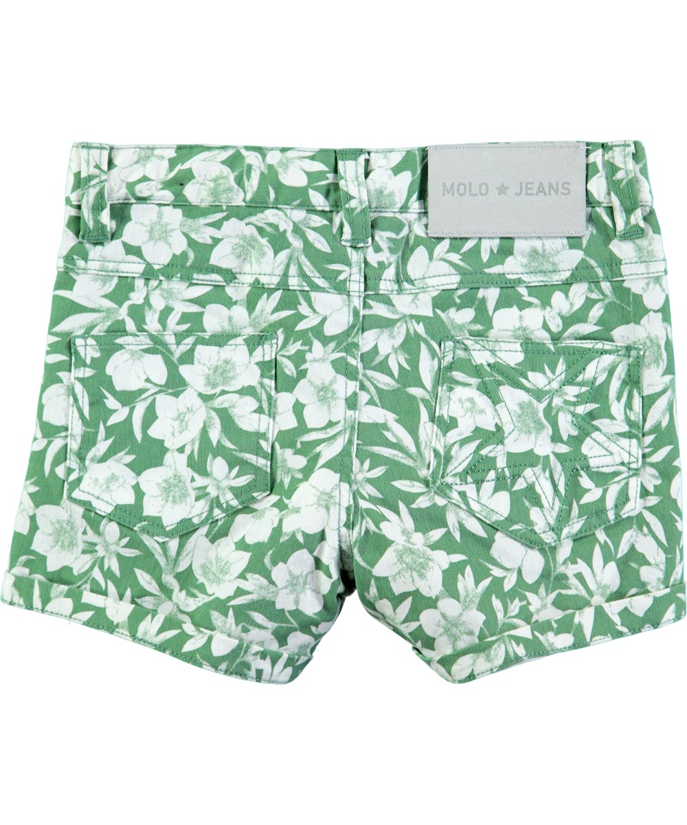 Audrey - Green Flowers - Korte, groene spijkerbroek met bloemenprint