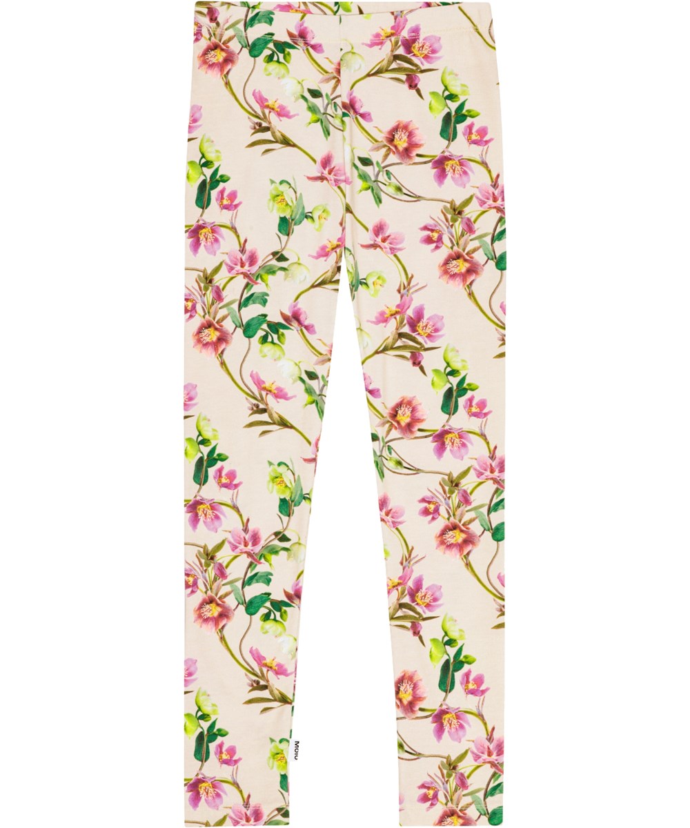 Niki - Hellebore - Gebroken witte biologische katoenen legging in een aansluitende pasvorm met elastische tailleband en bloemenprint.