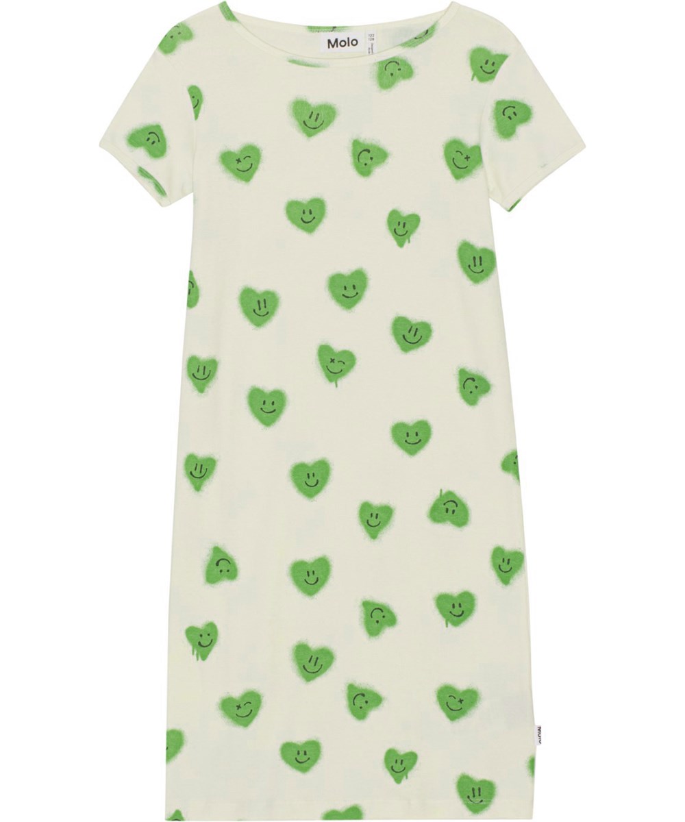 Lucy - Hearts - Gebroken witte nachthemd van biologisch katoen met groene hartjesprint 