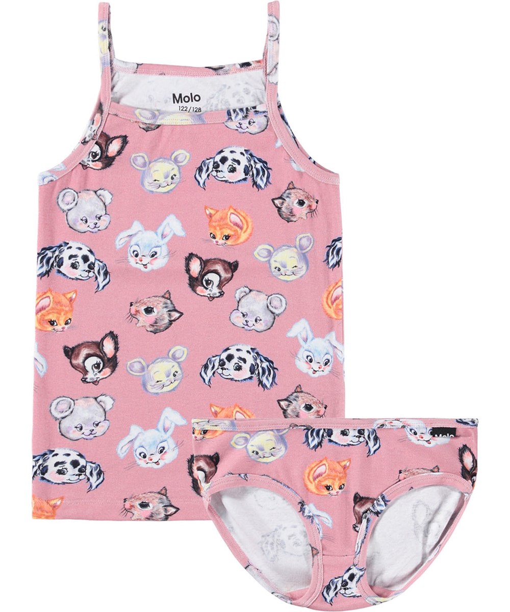 Janice Set - Itty Bitty Blush - Roze ondergoedset voor kinderen gemaakt van zacht biologisch katoen met een print van dieren uit oude tekenfilms.