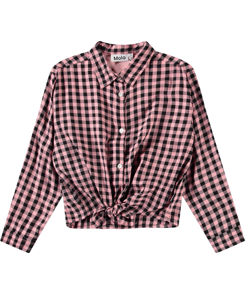 Rafa - Rose Ginham - Roze en zwarte geblokte kinderblouse met lange mouwen in zachte viscose met op de buik een knoop.
