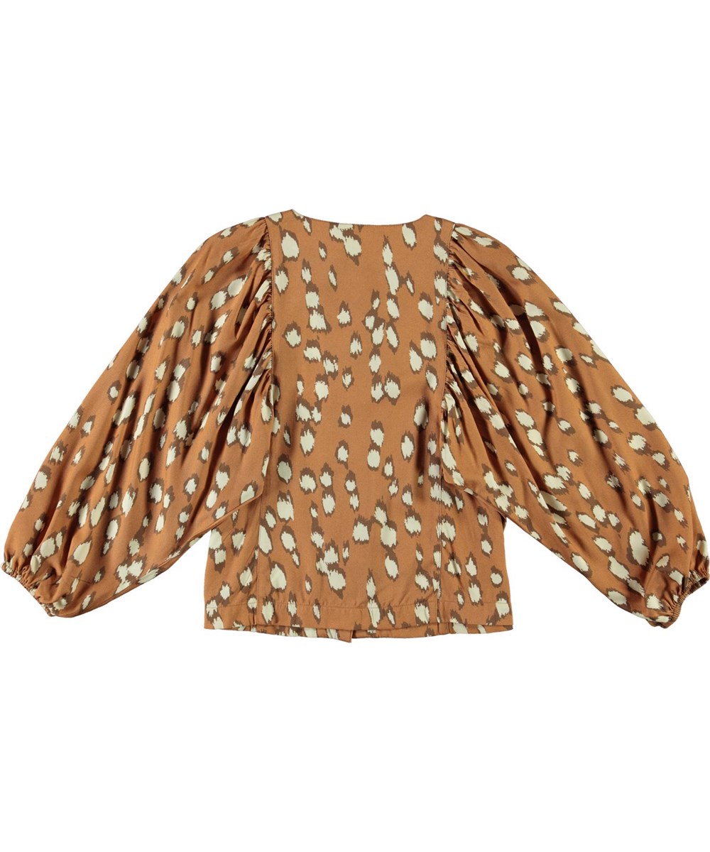 Rida - Graphic Deer - Bruine blouse met vlekken en pofmouwen