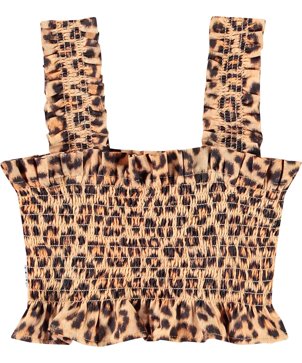Rolfia - Allover Leo - Kindercrop top met cheetahprint van biologisch katoen met gerimpeld effect, ruche rand en brede bandjes.