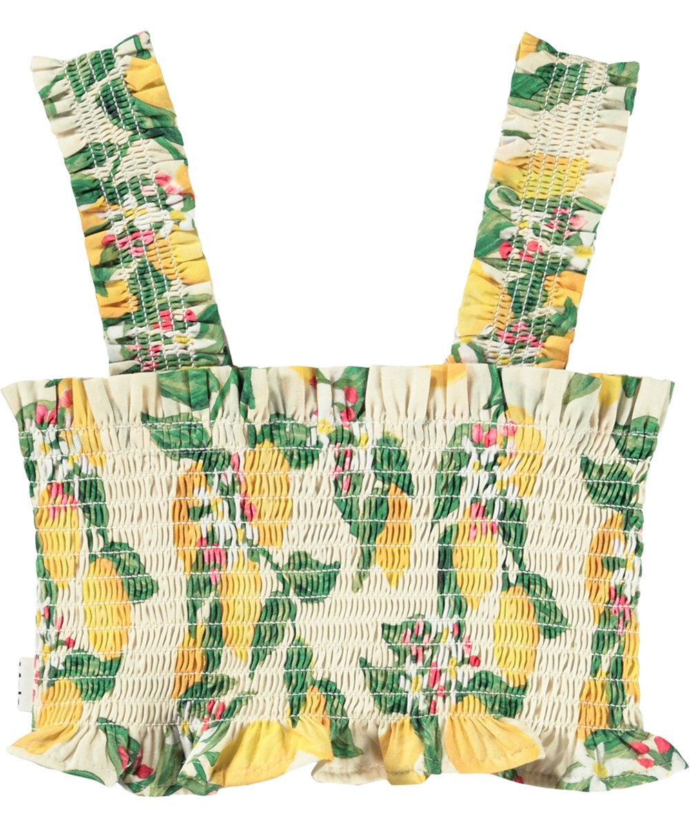 Rolfia - Citrus - Gele crop top voor kinderen met smockeffect en print.