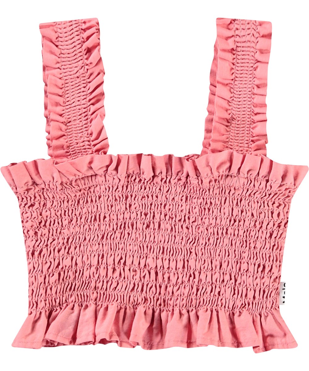 Rolfia - Vintage Rose - Roze cropp topje van biologisch katoen met rimpels, ruches boorden en wijde schouderbandjes.