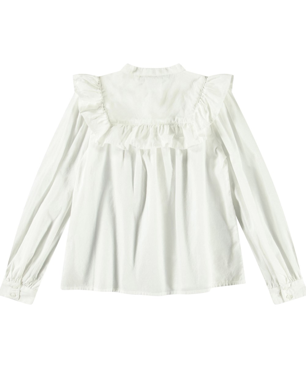 Rozetta - Crisp White - Witte kinderblouse van biologisch katoen met mandarijnkraag en ruches.