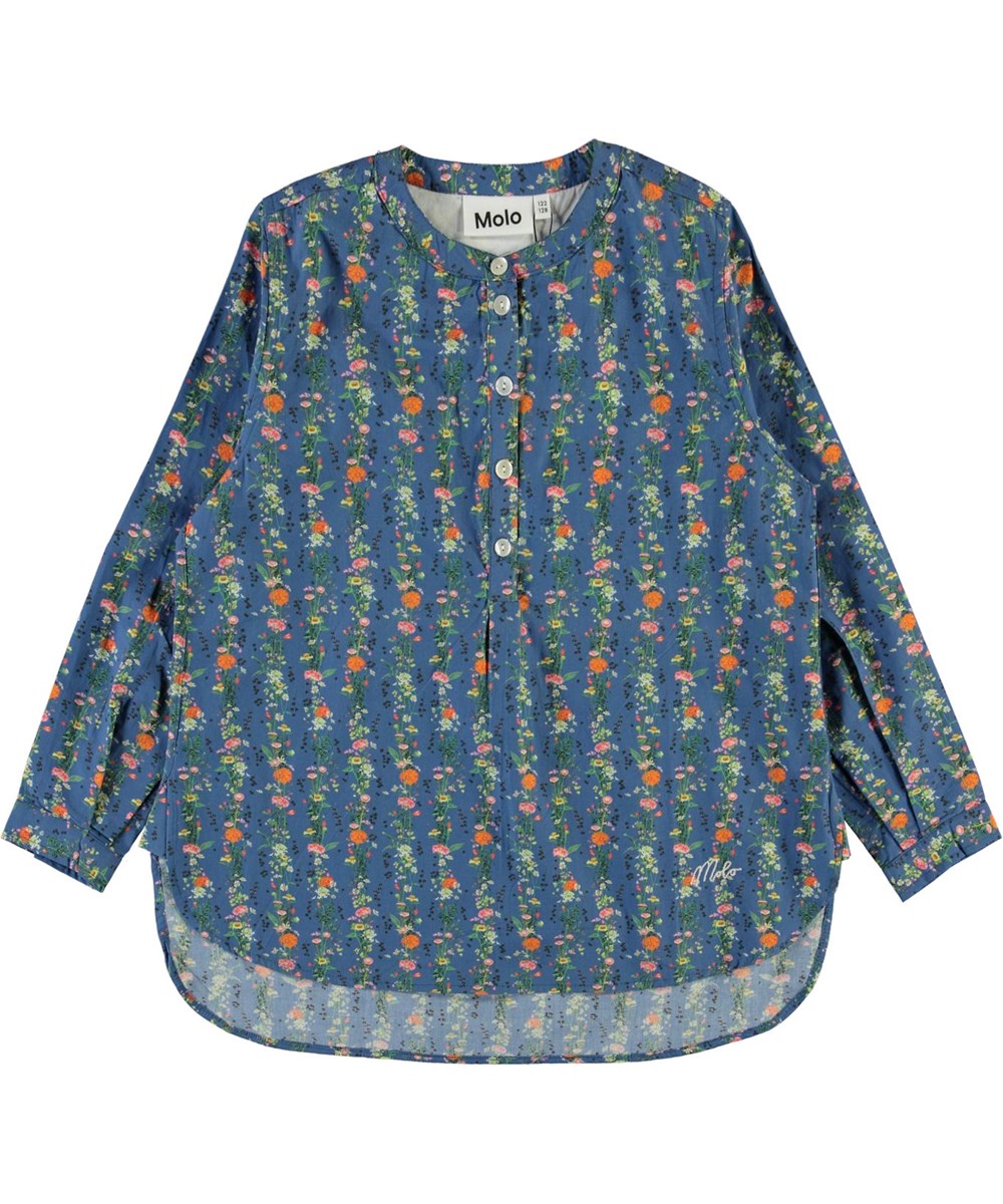 Runaris - Vertical Flora Mini - Blauwe blouse met bloemenprint