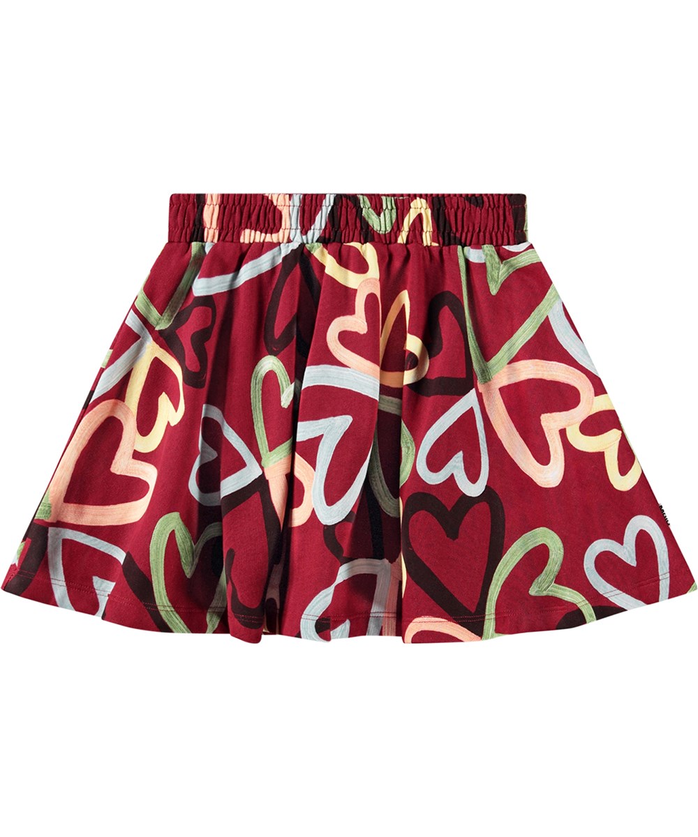 Barbera - Flutters Of Love - Comfortabele rode biologische katoenen rok met elastische tailleband en een all-over hartjesprint.