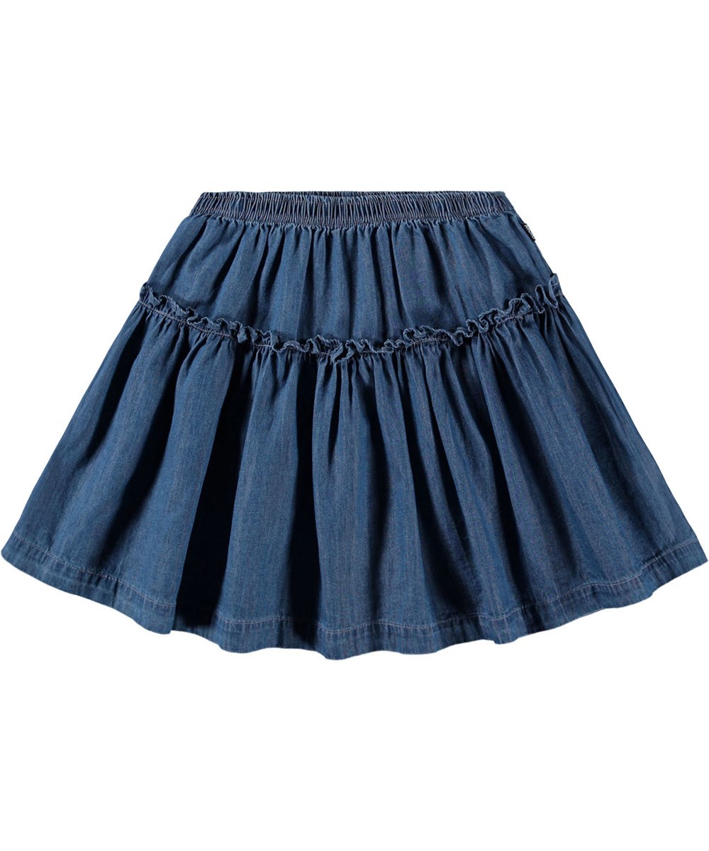 Bel - Washed Blue - Kinderrok gemaakt van biologisch katoenen chambray met ruches.