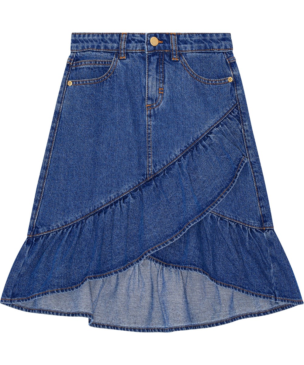 Belinda - Mid Blue Denim - Blauwe spijkerrok met ruches aan de rand, knielengte aan de voorkant en langer aan de achterkant.