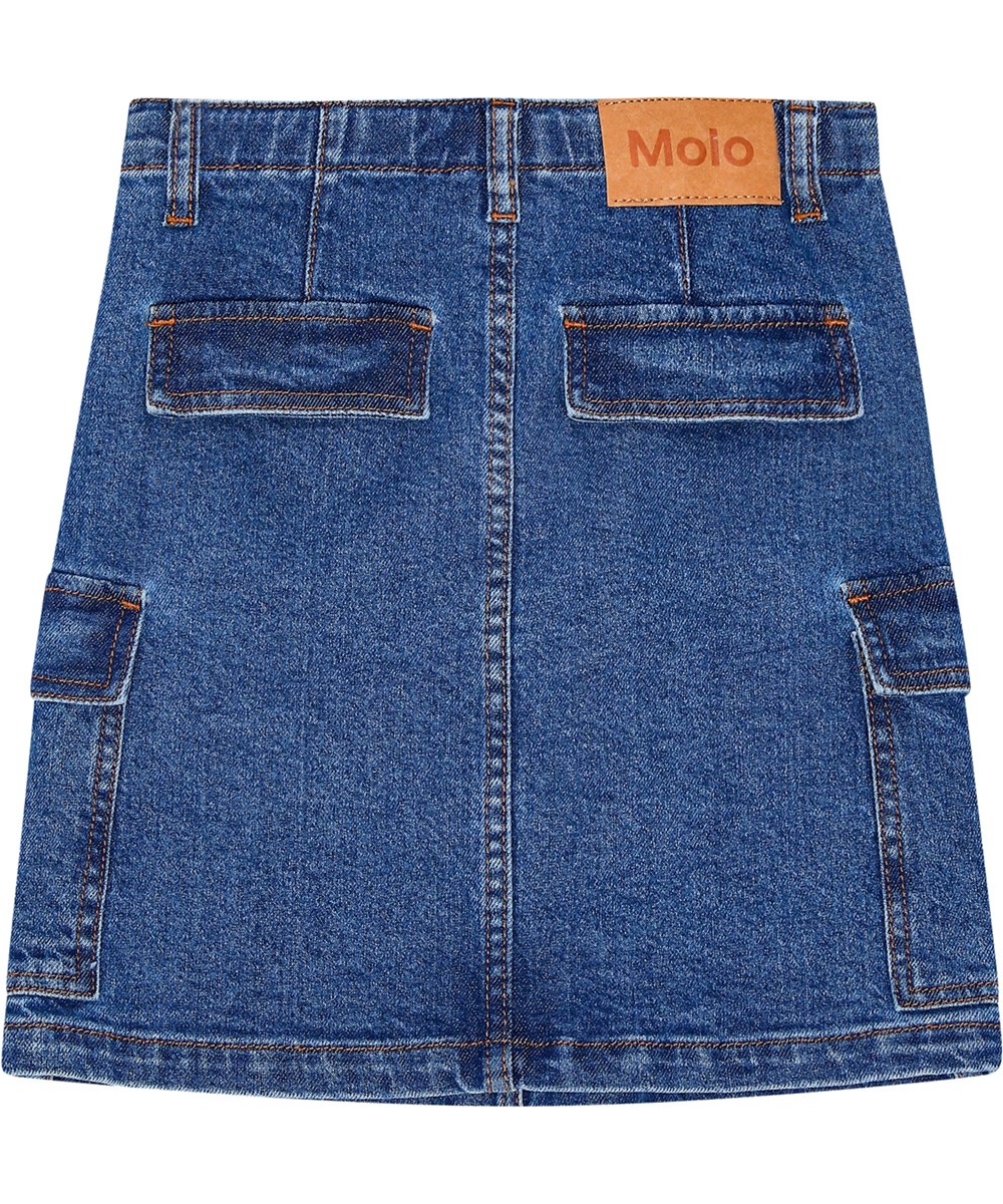 Belli - Washed Vintage - Knielange blauwe spijkerrok van biologisch katoen met zakken en elastische tailleband.