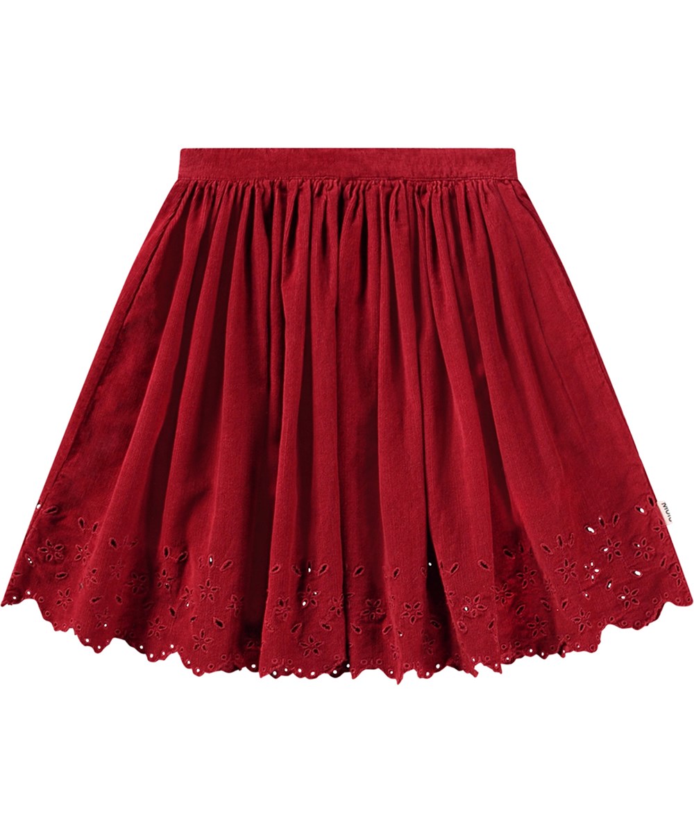 Bellis - Velvety - Knielange donkerrode fluwelen rok met kanten bloemenpatroon en elastische taille.