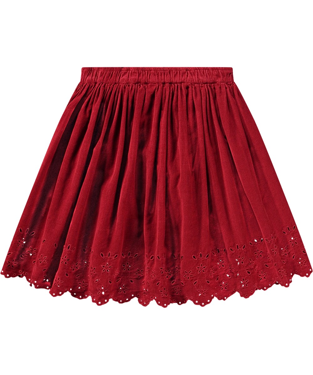 Bellis - Velvety - Knielange donkerrode fluwelen rok met kanten bloemenpatroon en elastische taille.