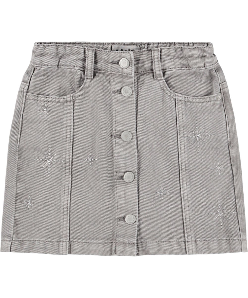 Bera - Washed Grey - Grijze kinderrok gemaakt van katoenen keperstof met knoopsluiting en subtiele zilveren borduursels.
