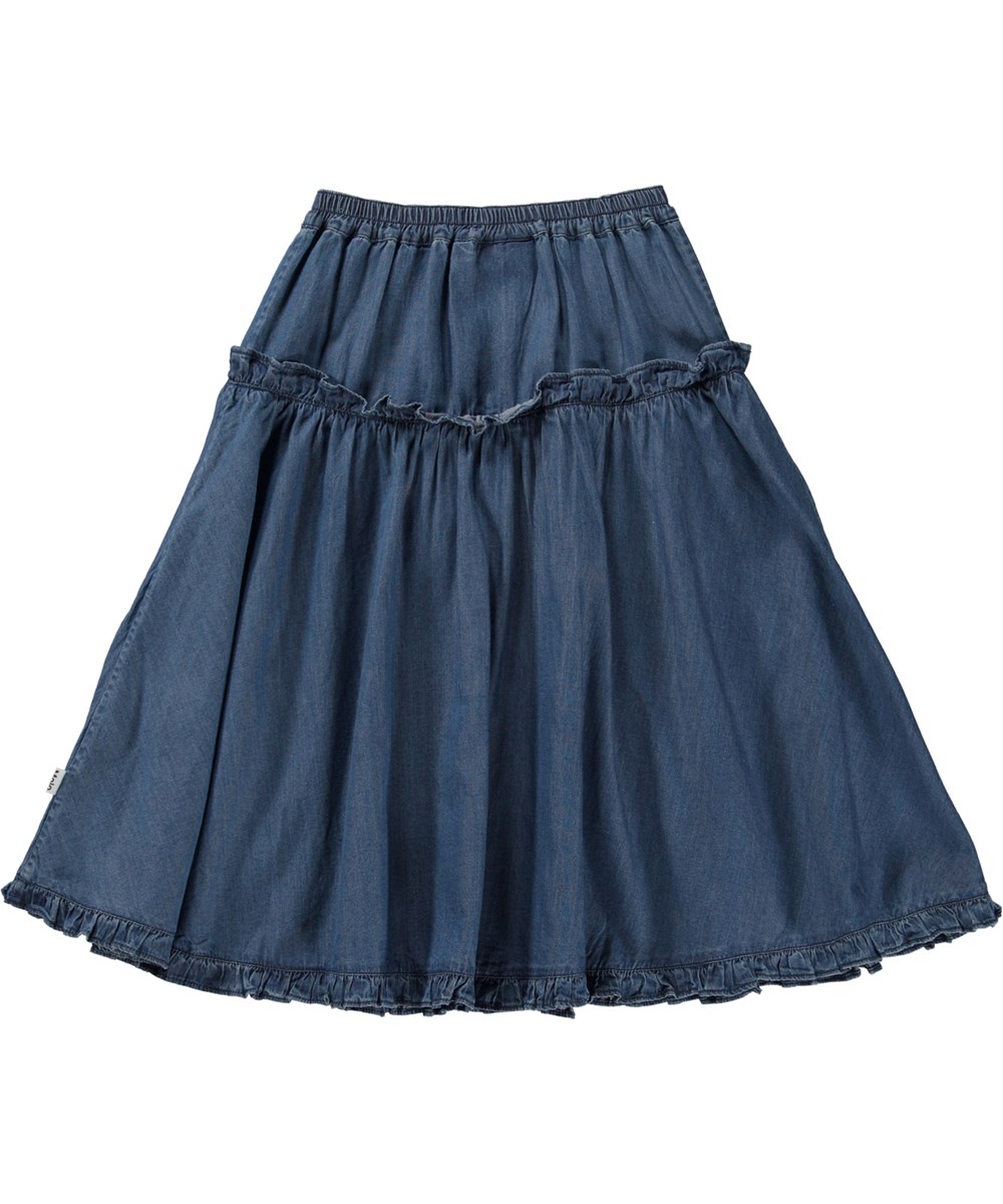 Berit - Washed Chambrey - Donkerblauwe biologische midi rok in chambray katoen